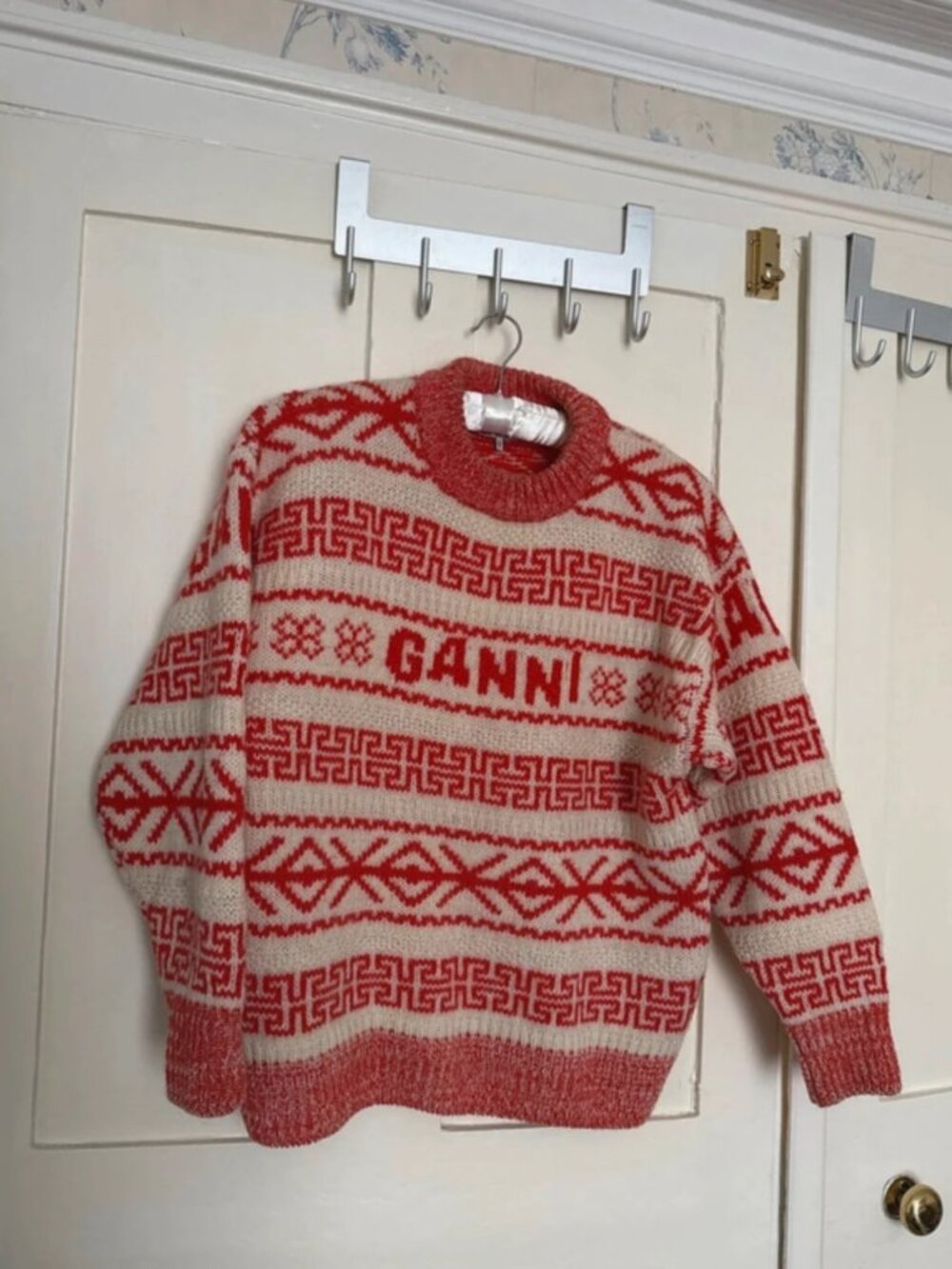 GANNI Intarsia Organic Wool Sweater Red & Cream S